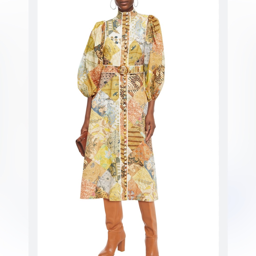 Zimmermann $895 Brightside Batik Belted Printed Linen Midi Dress Size 1 Mustard